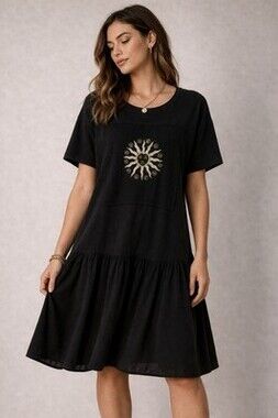 Johnny Was Shirt Dress Medium Black Celestial Sun Graphic Boho Drop Waist USA